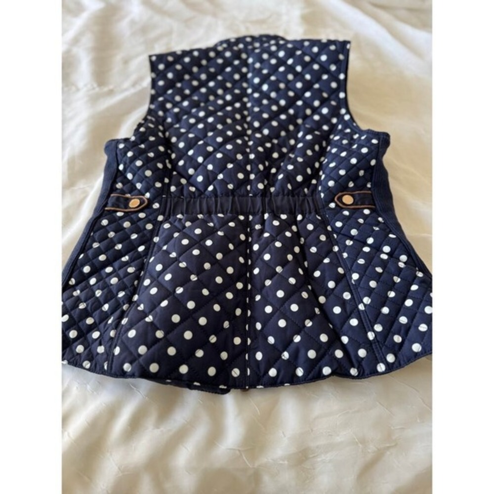 C'est Toi Polka Dot Quilted Puffer Vest, Navy Brown Trim Hiking Camping Size M - Picture 4 of 7
